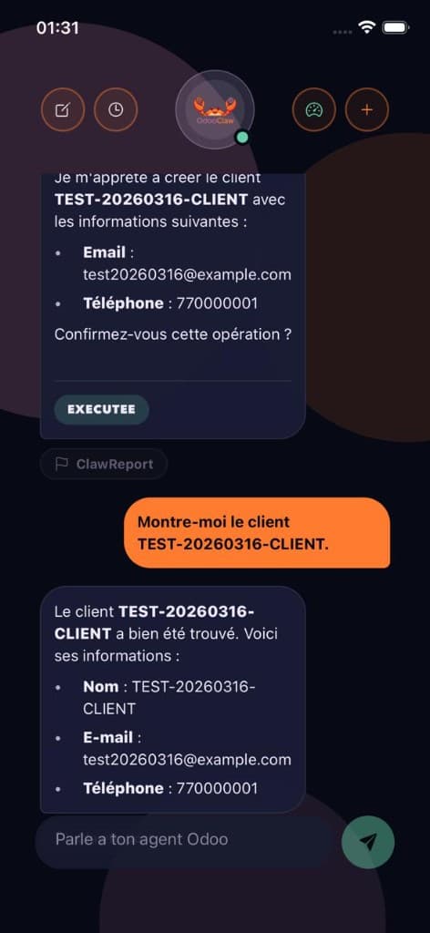 OdooClaw AI assistant chat interface showing an Odoo invoice search in plain language